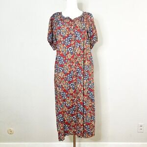 Faherty Floral Maxi Dress Red Button Front Short Sleeve Carmel Linen Blend XS